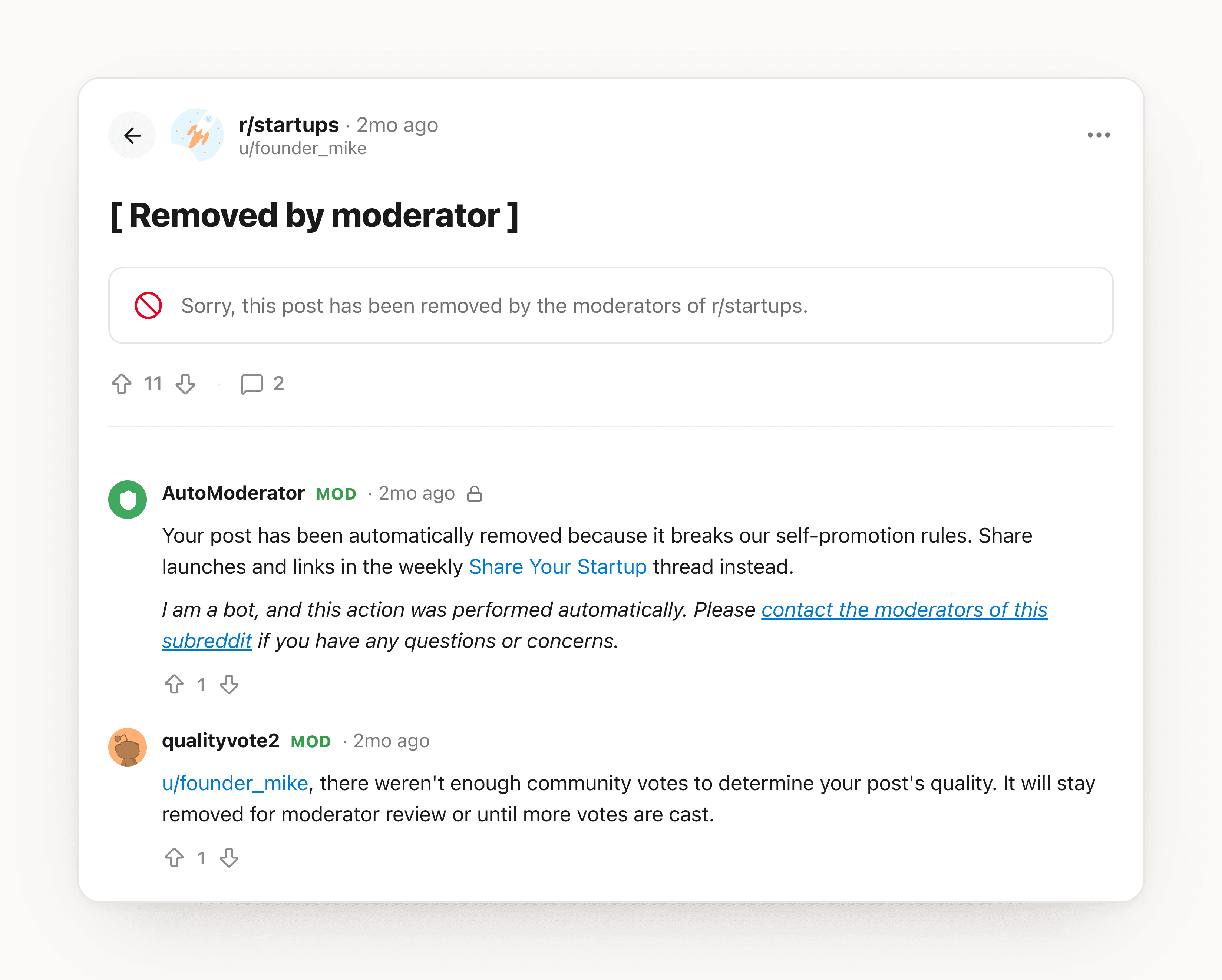 A removed Reddit post in r/startups: the “[ Removed by moderator ]” detail view with the mod team's notice that it broke the self-promotion rule