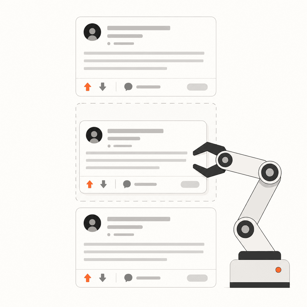 A robotic arm plucking the middle post out of a feed the moment it appears, leaving a dashed outline behind
