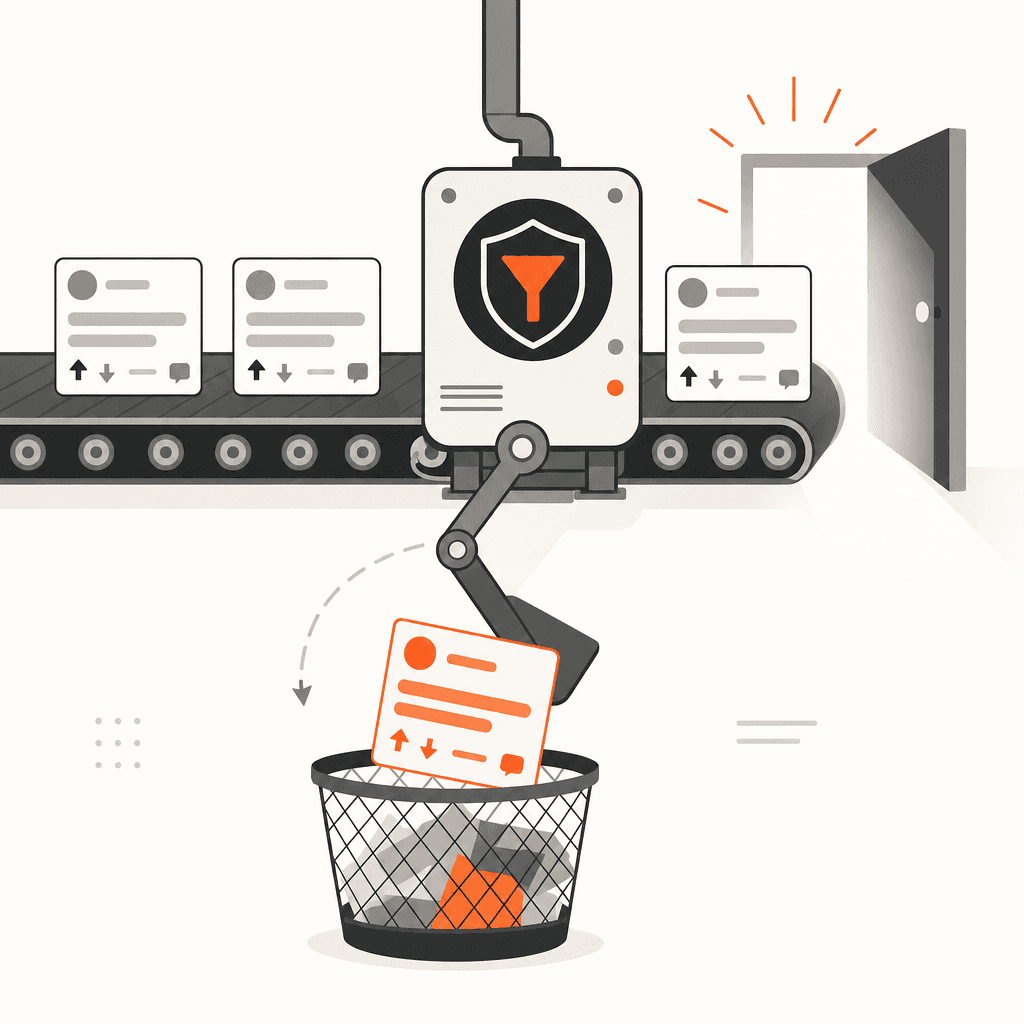 Posts riding a conveyor belt through a filter machine toward a bright doorway, with one post diverted off the belt into a wire bin